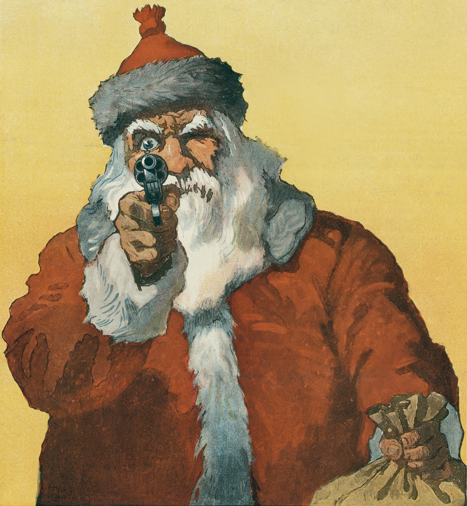 A picture of Santa Claus pointing a handgun at the viewer